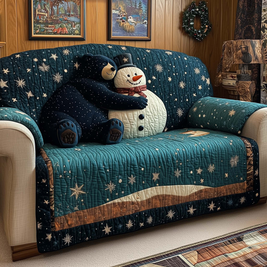 Bear Hugging a Snowman Under Stars Sofa Cover
