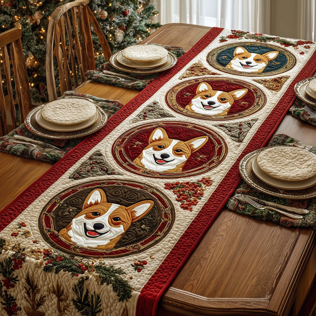 Corgi Faces in Red Circles Table Runner