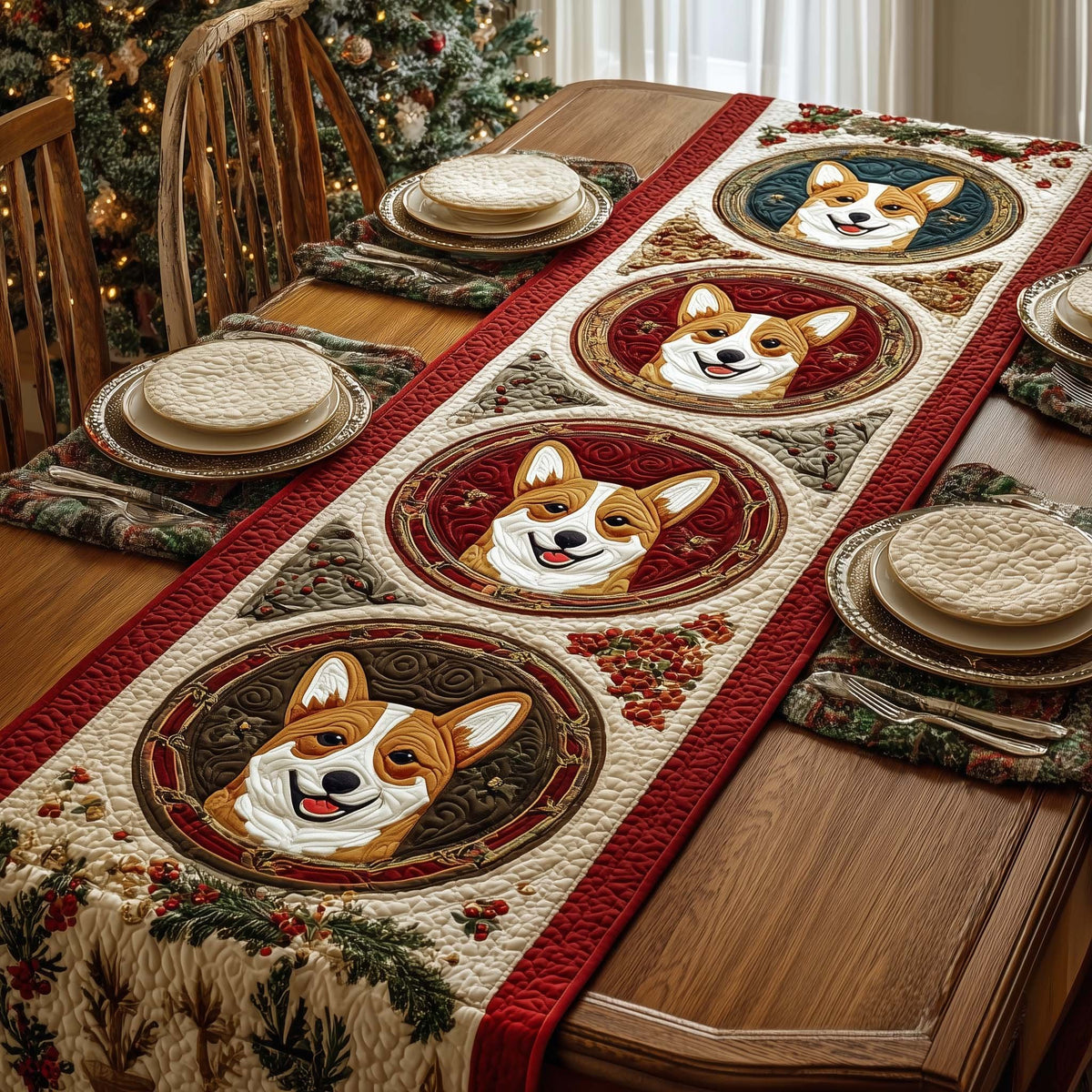 Corgi Faces in Red Circles Table Runner