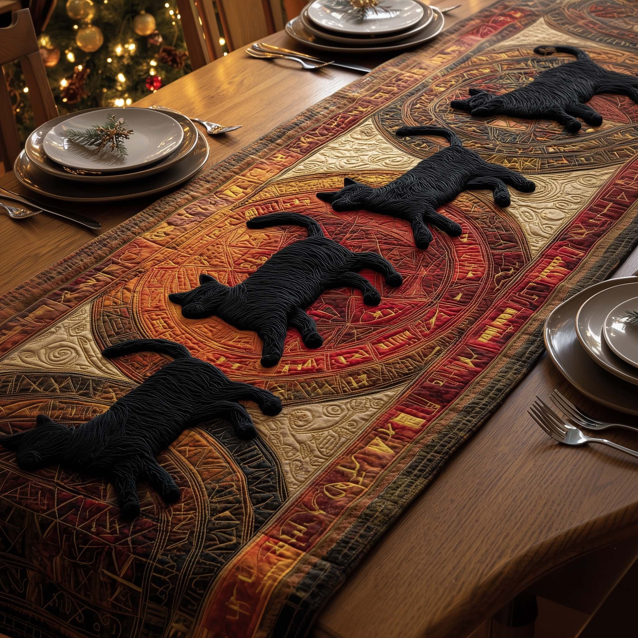 Black Cats on Warm Mandala Table Runner
