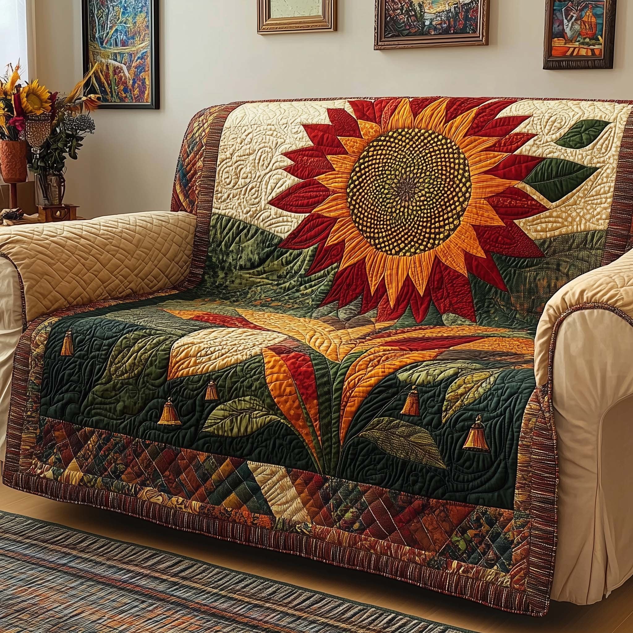 Sunflower on Green and Rust Patchwork Sofa Cover