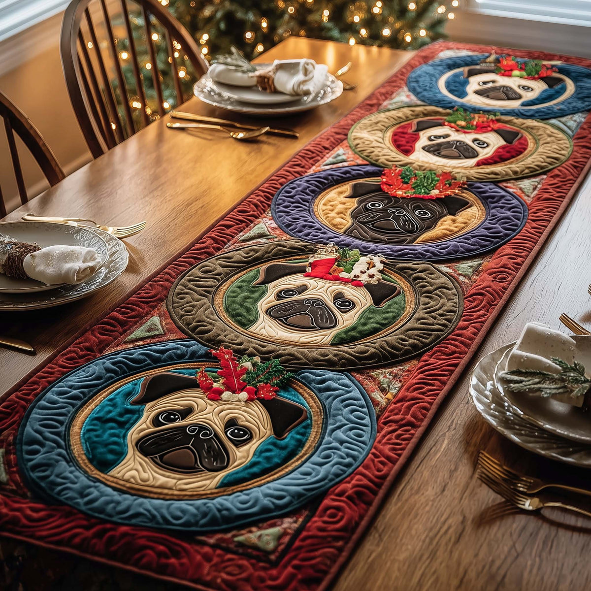 Pug Portraits in Round Wreaths Table Runner