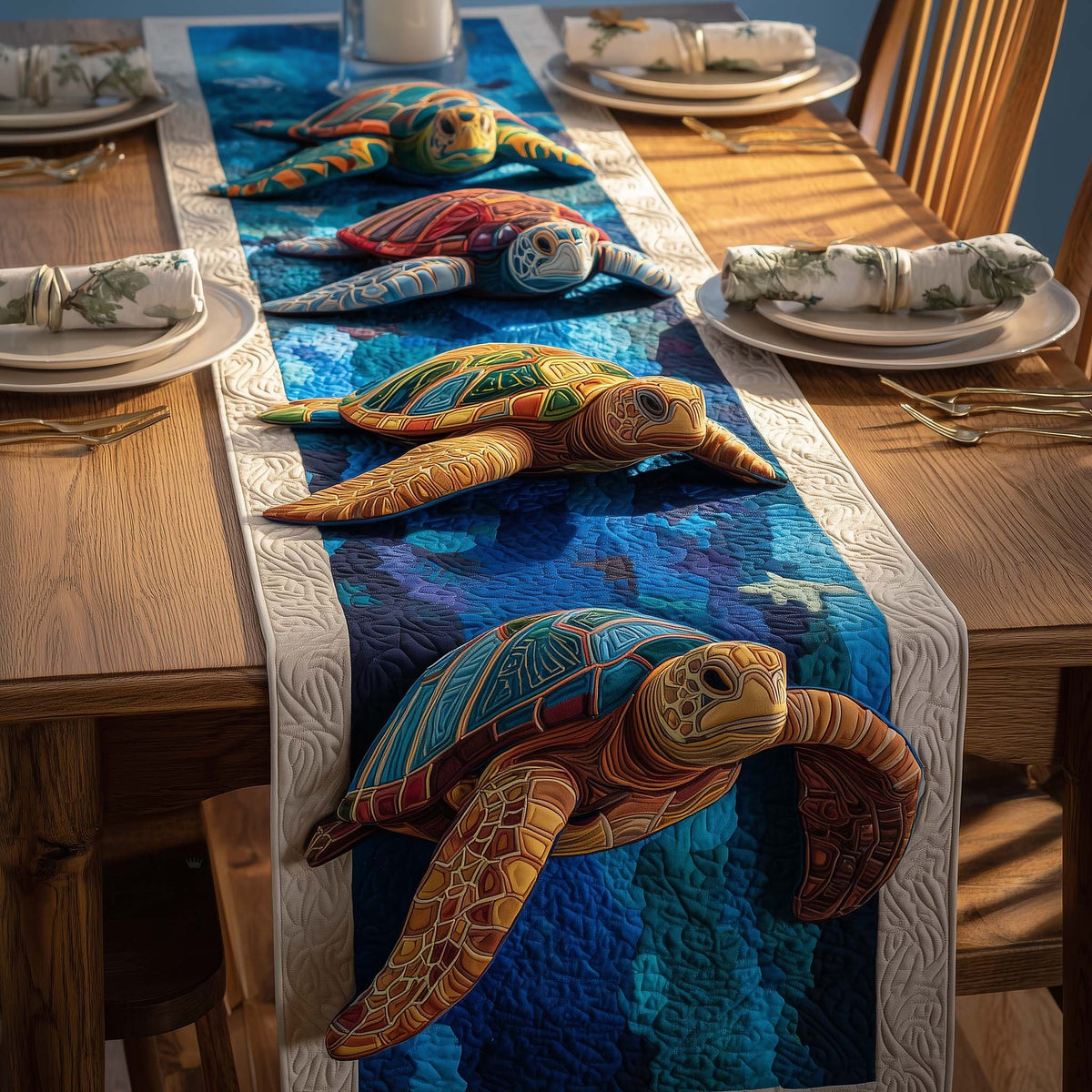 Turtles on Blue Ocean Stripes Table Runner
