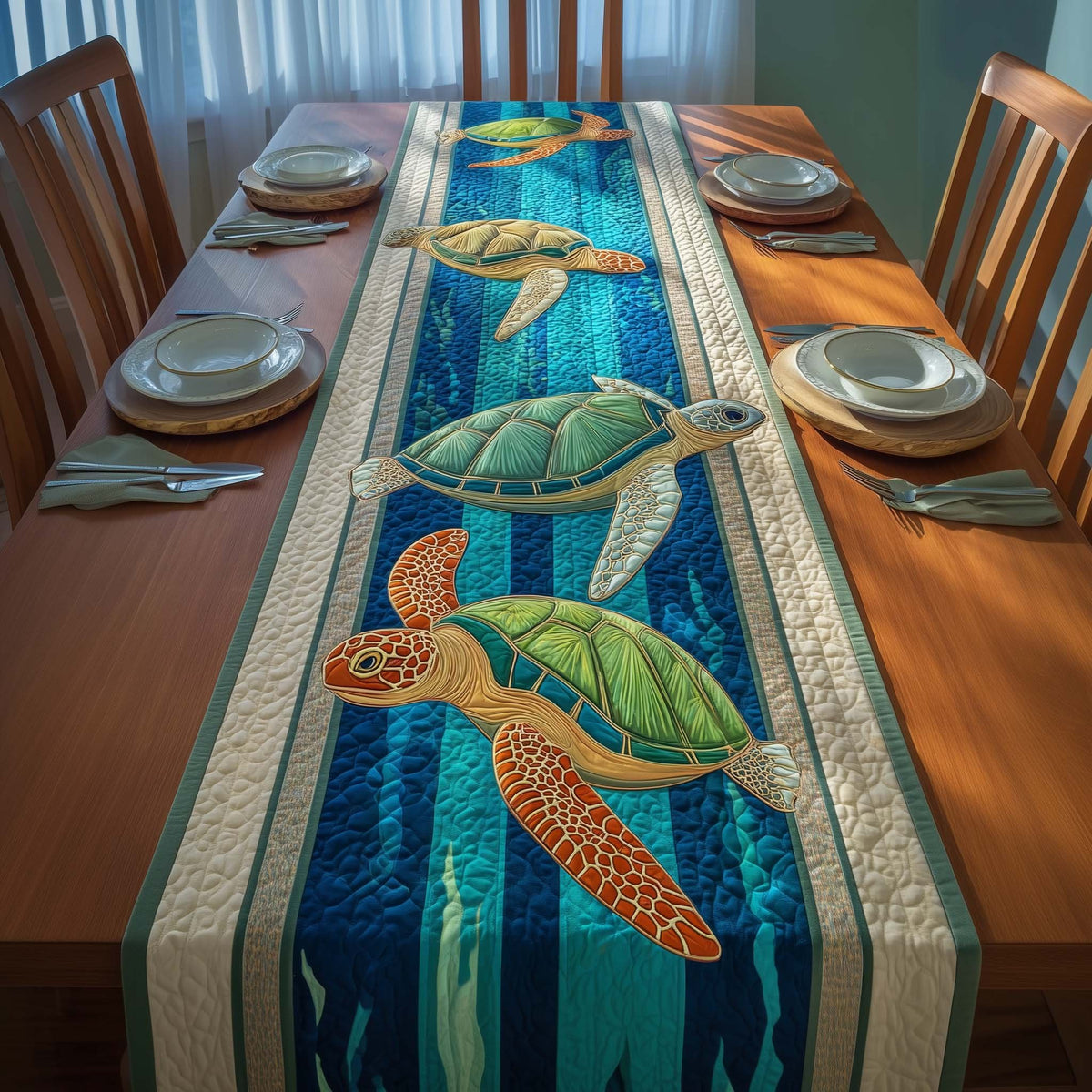 Green Turtles on Teal Bands Table Runner
