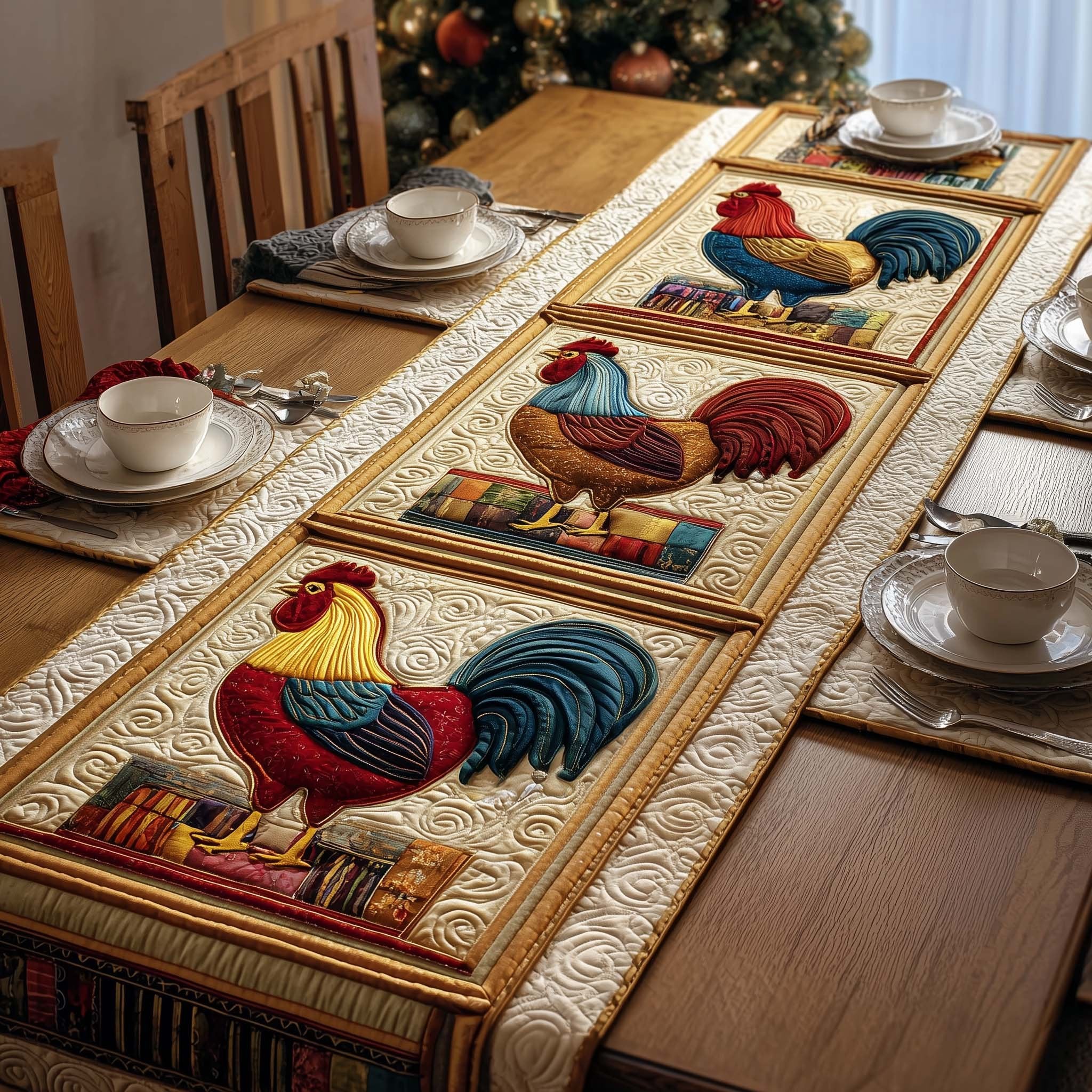 Framed Roosters Table Runner
