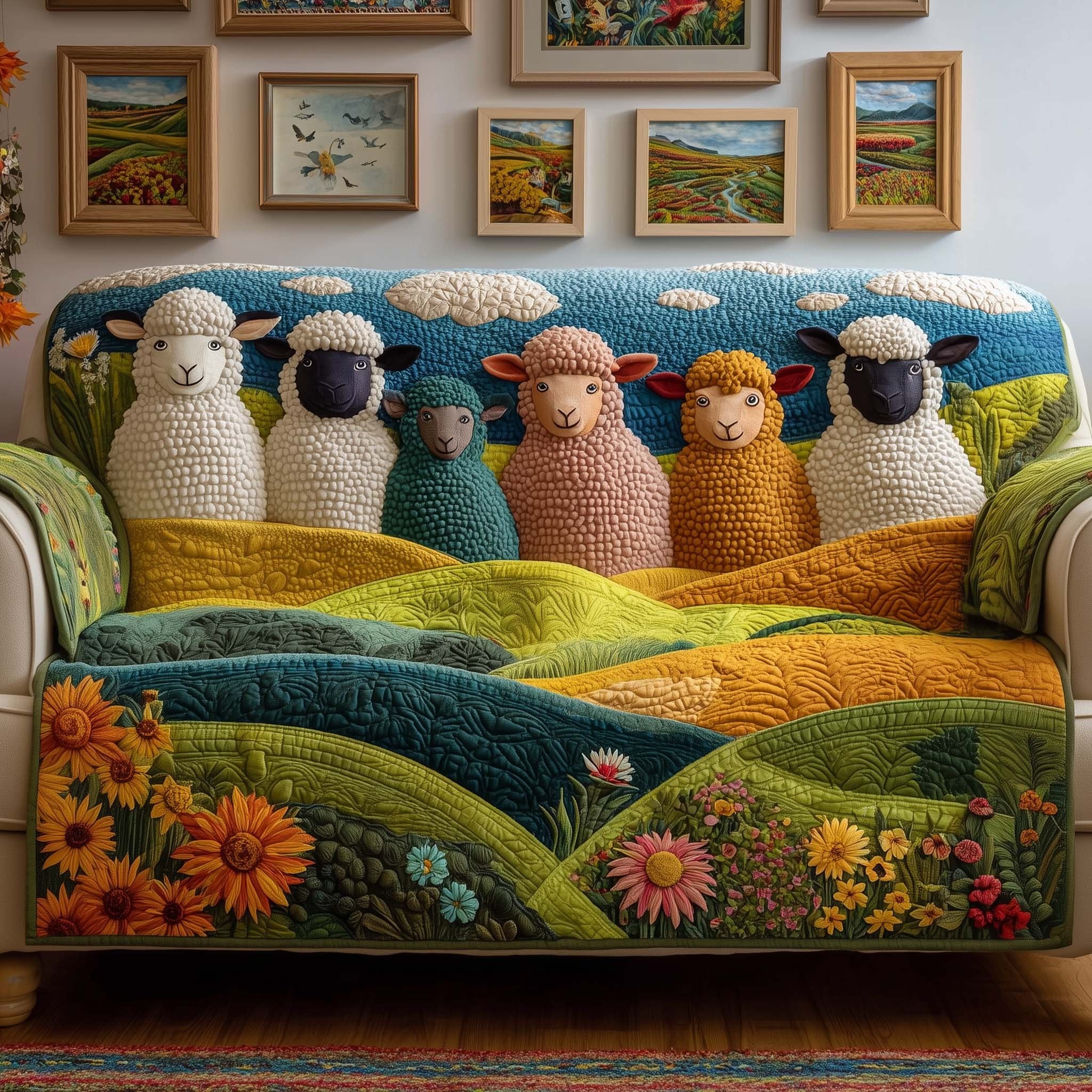 Knitted Sheep Over the Flower Hills Sofa Cover