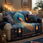 Peacock with Lanterns on Teal Sofa Cover