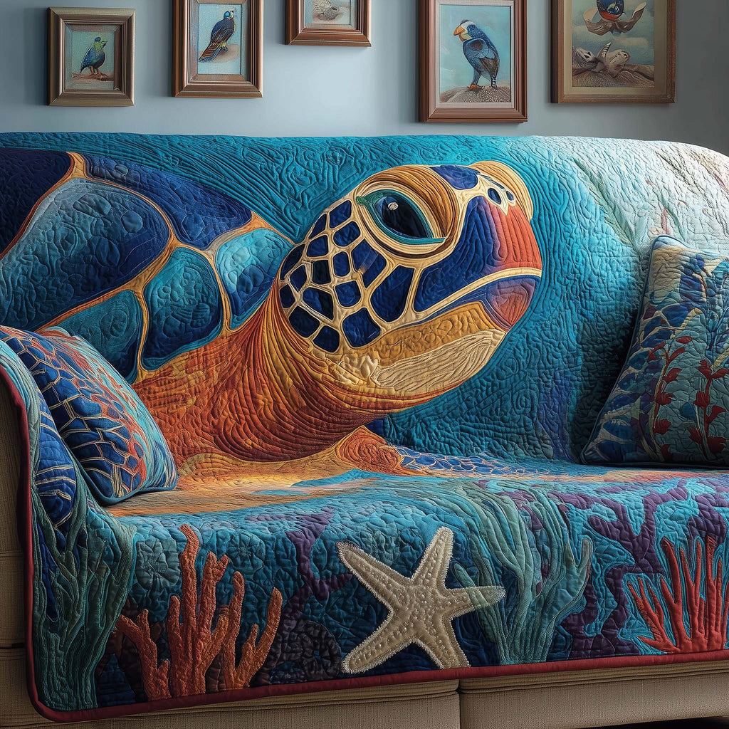 Close Up Turtle Face in Teal Water Sofa Cover