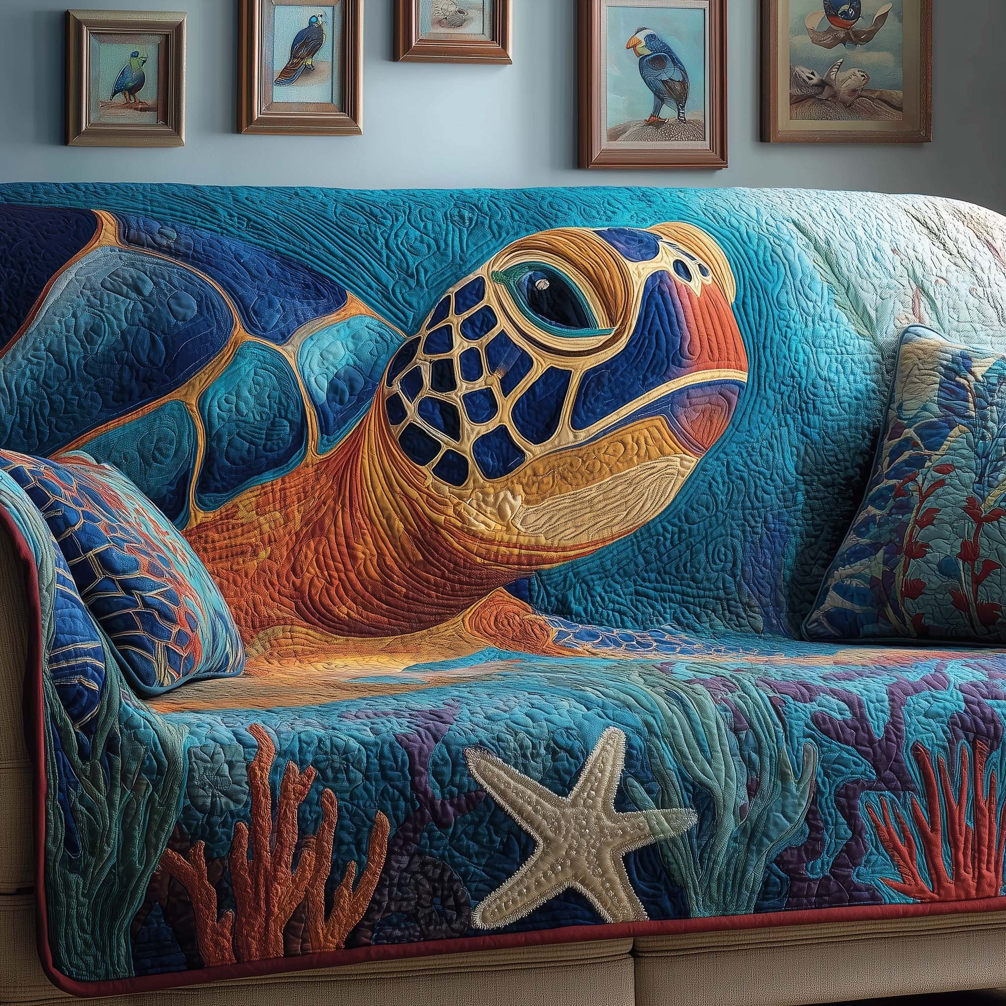 Close Up Turtle Face in Teal Water Sofa Cover
