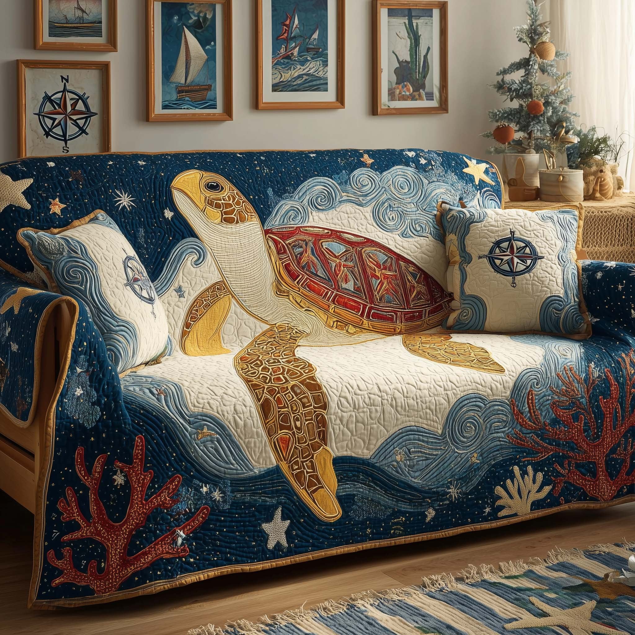 Great Sea Turtle and the Compass Rose Sofa Cover