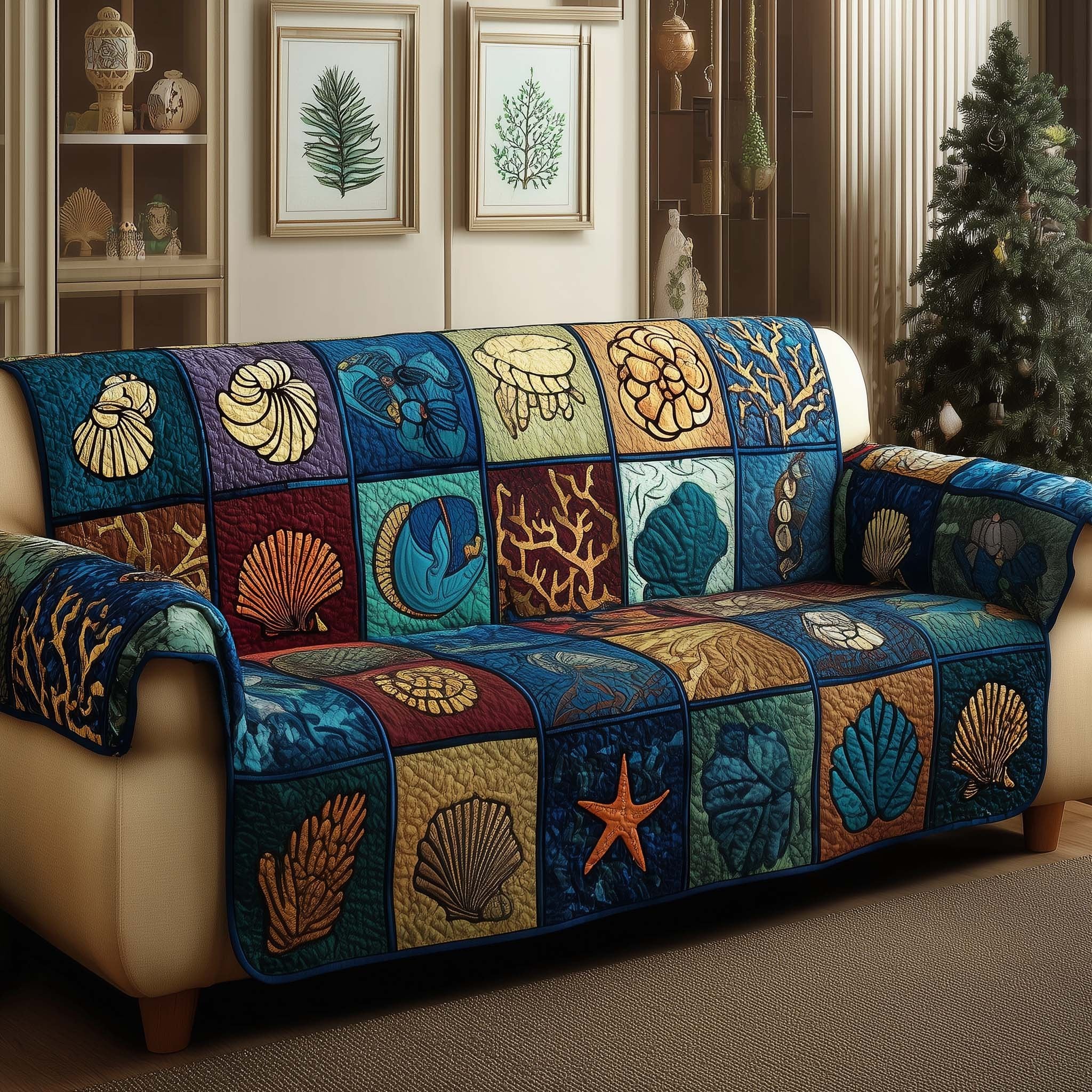 Shells and Coral in Jewel Tone Blocks Sofa Cover