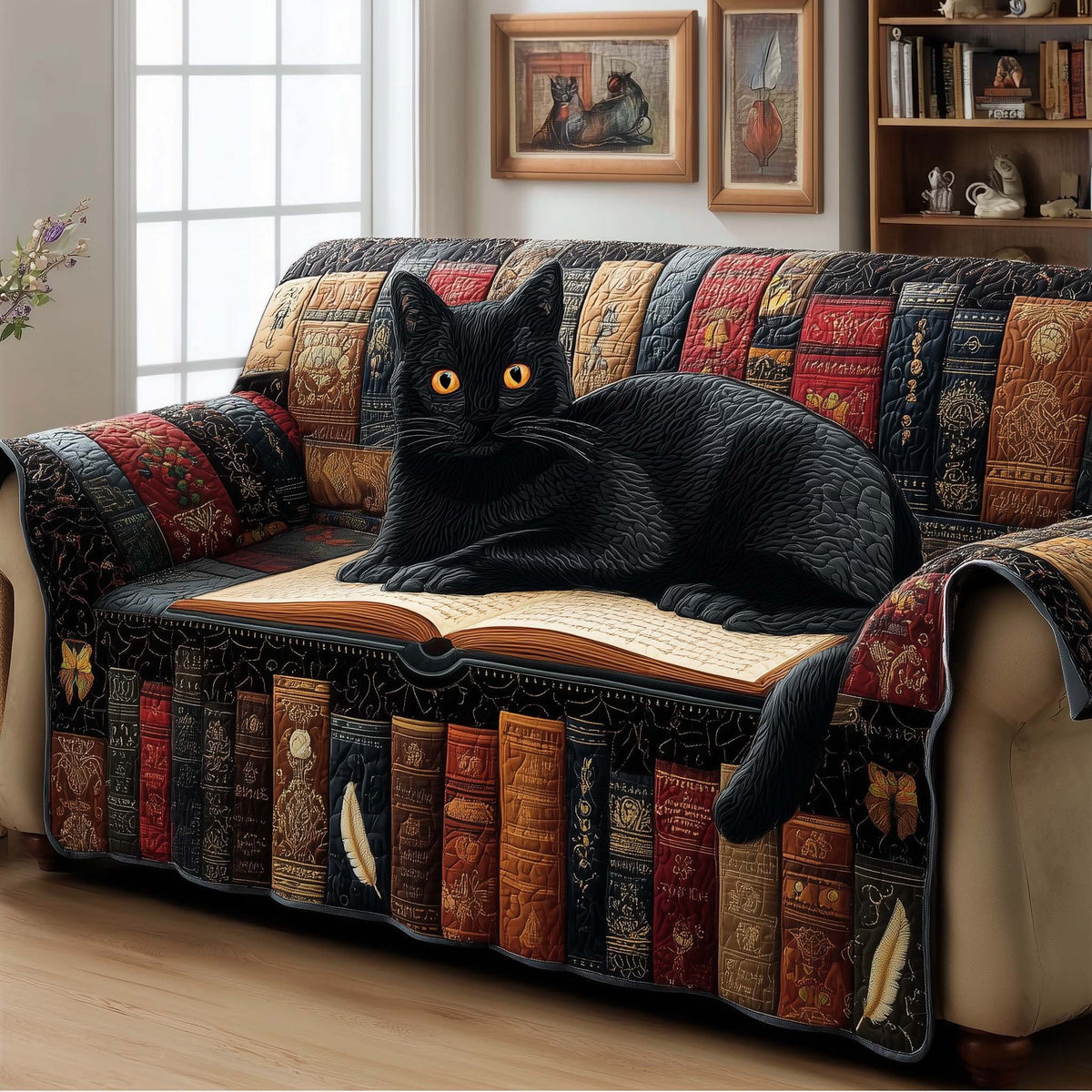 Black Cat Asleep on the Open Book Sofa Cover