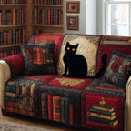 Black Cat Panel on the Bookshelf Quilt Sofa Cover