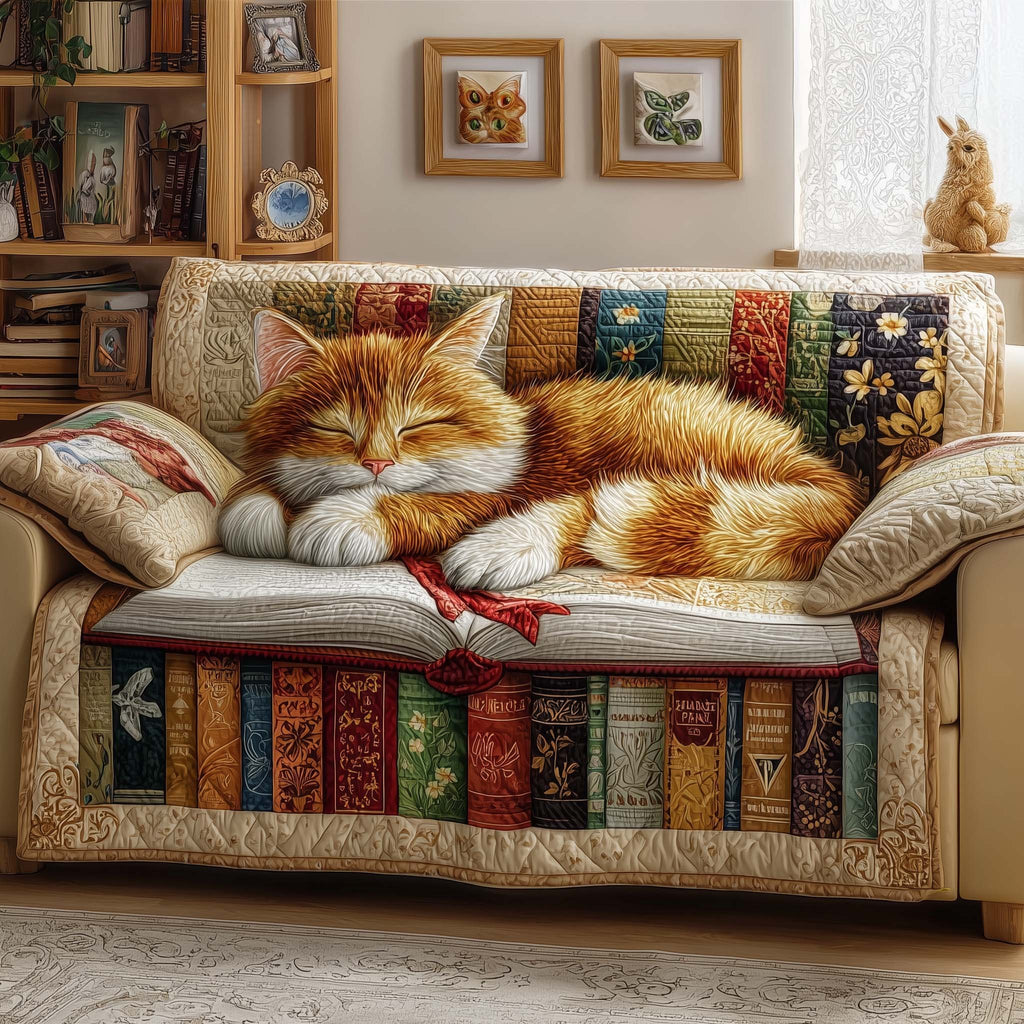 Ginger Cat Curled on the Book Stack Sofa Cover