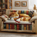 Ginger Cat Curled on the Book Stack Sofa Cover