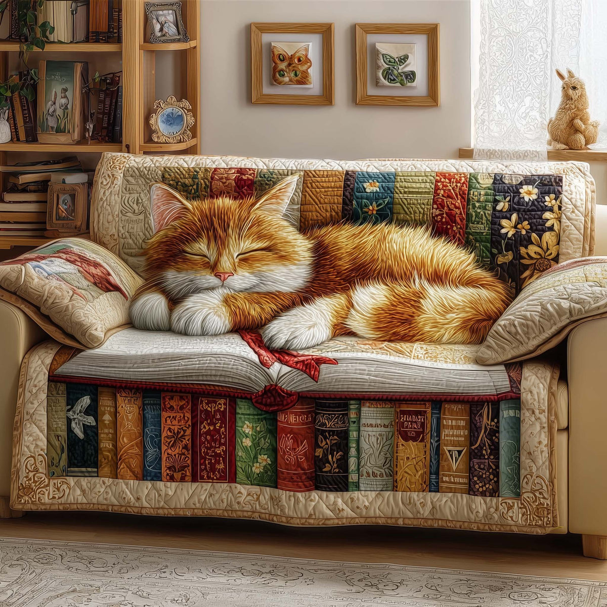 Ginger Cat Curled on the Book Stack Sofa Cover