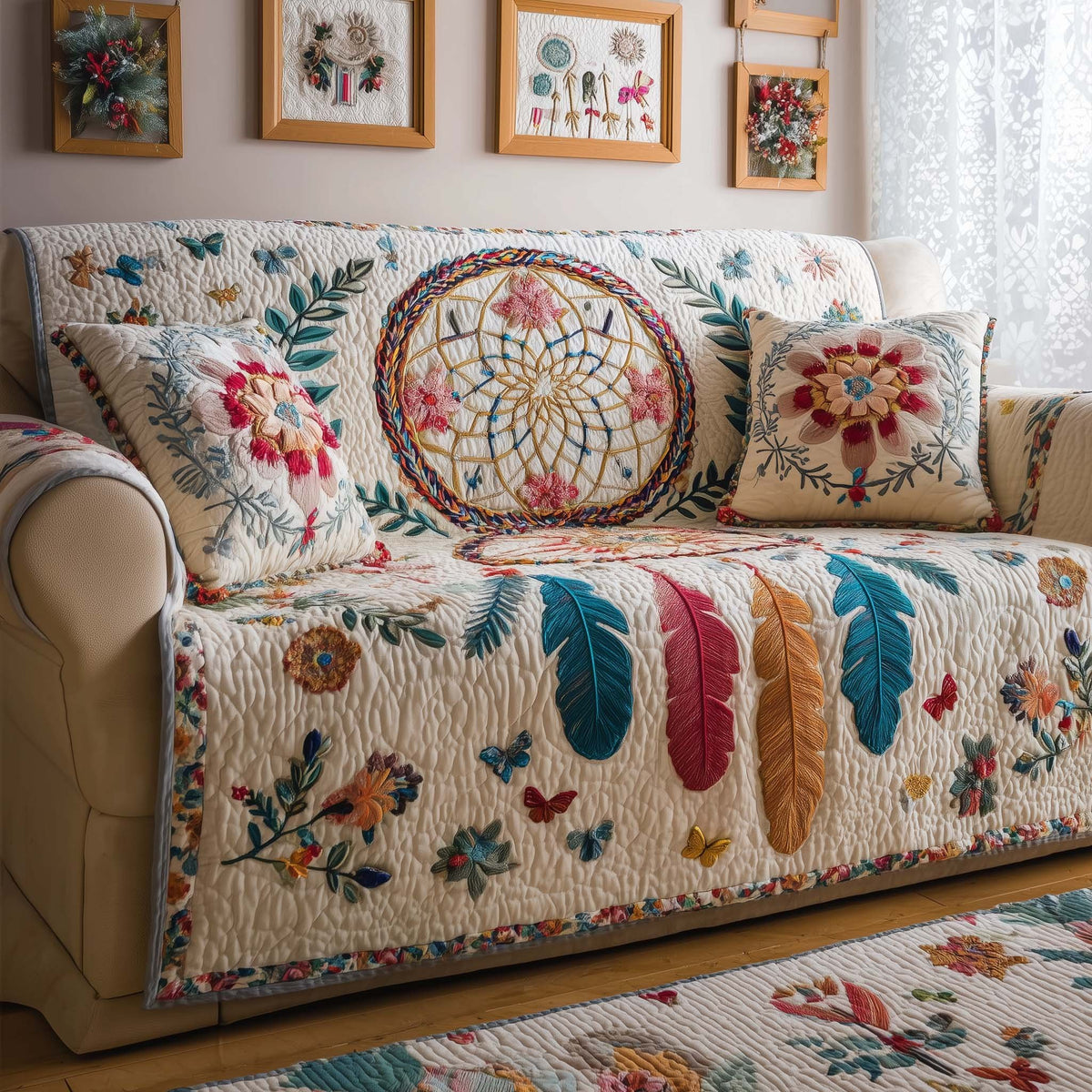 Dreamcatcher and Feathers on Cream Sofa Cover