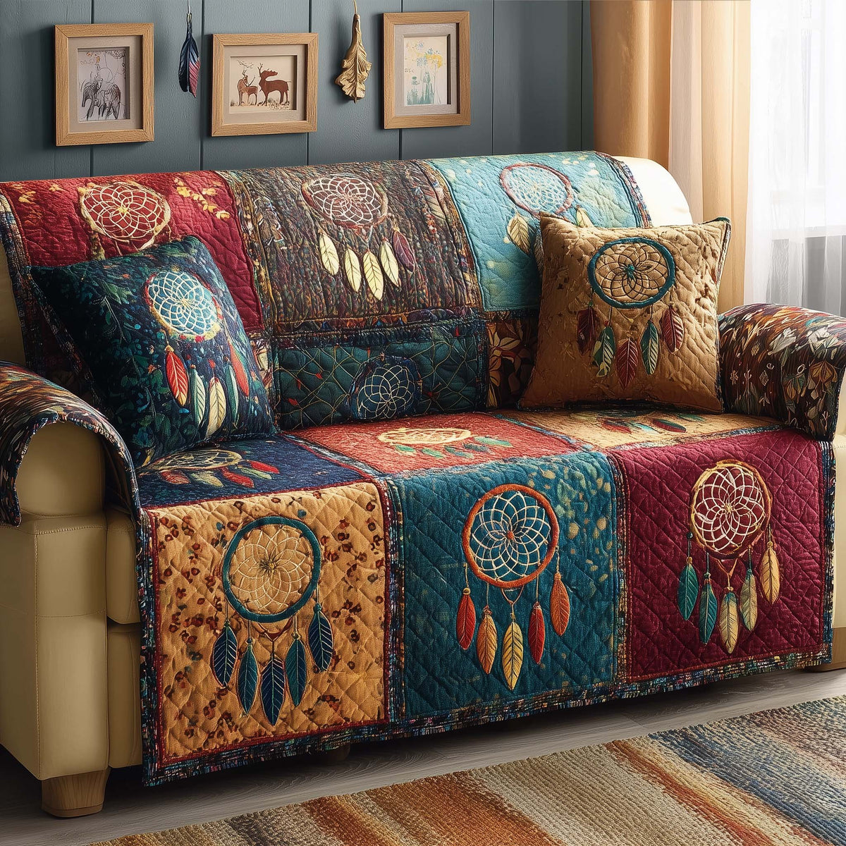 Dreamcatchers on Rust and Teal Blocks Sofa Cover