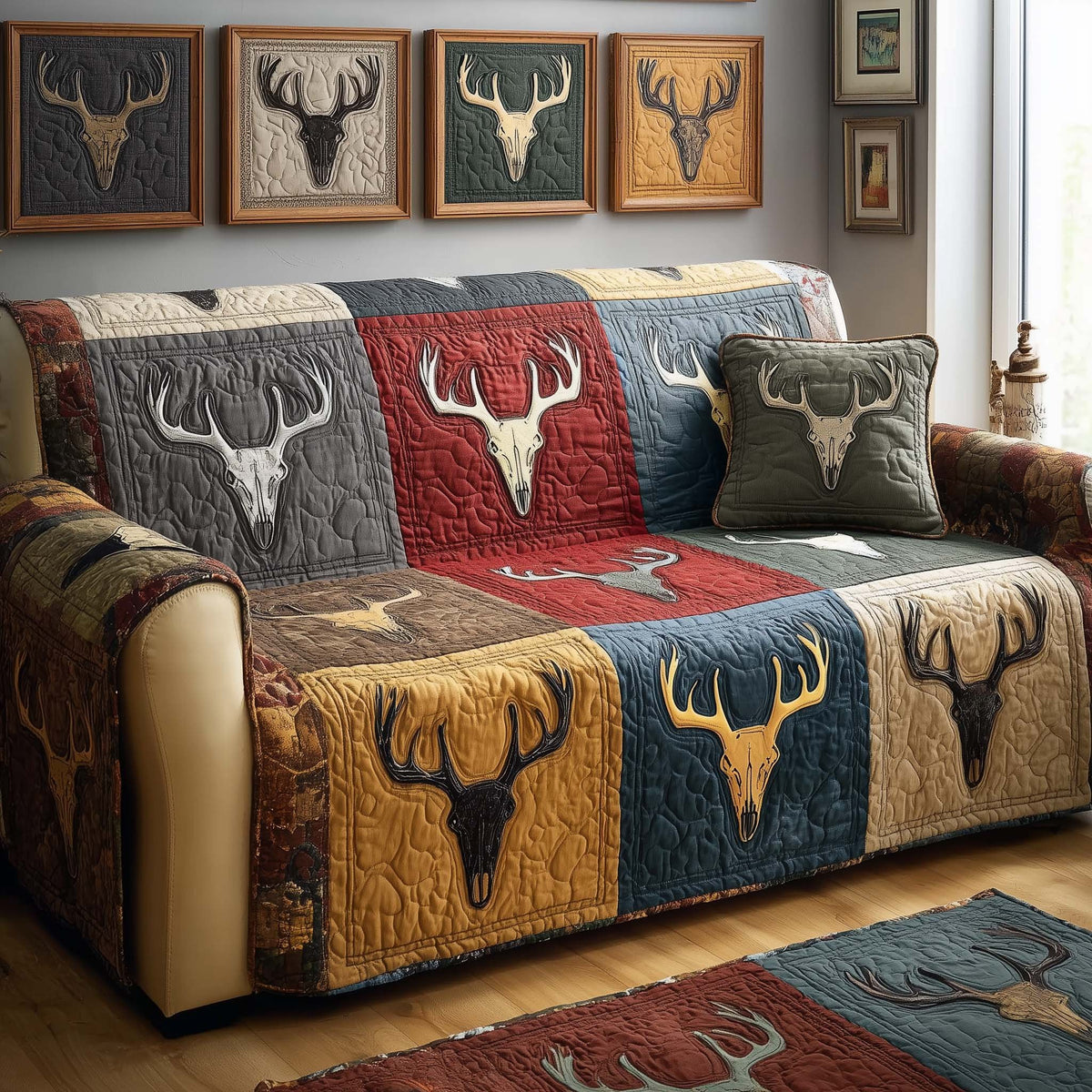 Antlered Skulls on Gold and Red Squares Sofa Cover