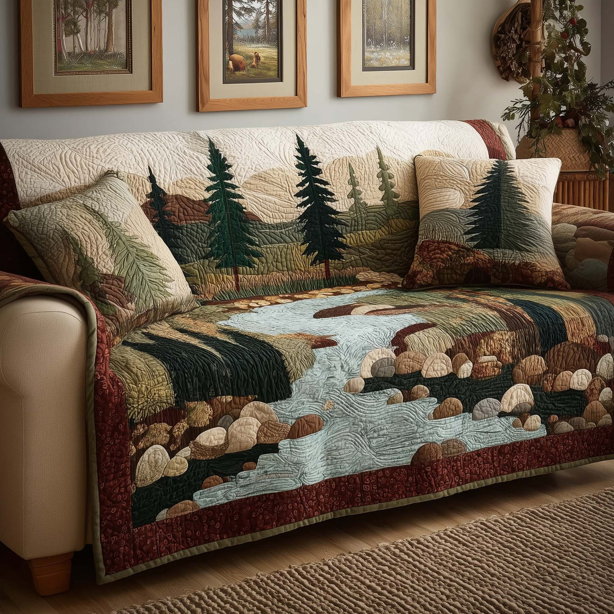 Rocky Stream in the Pine Forest Sofa Cover
