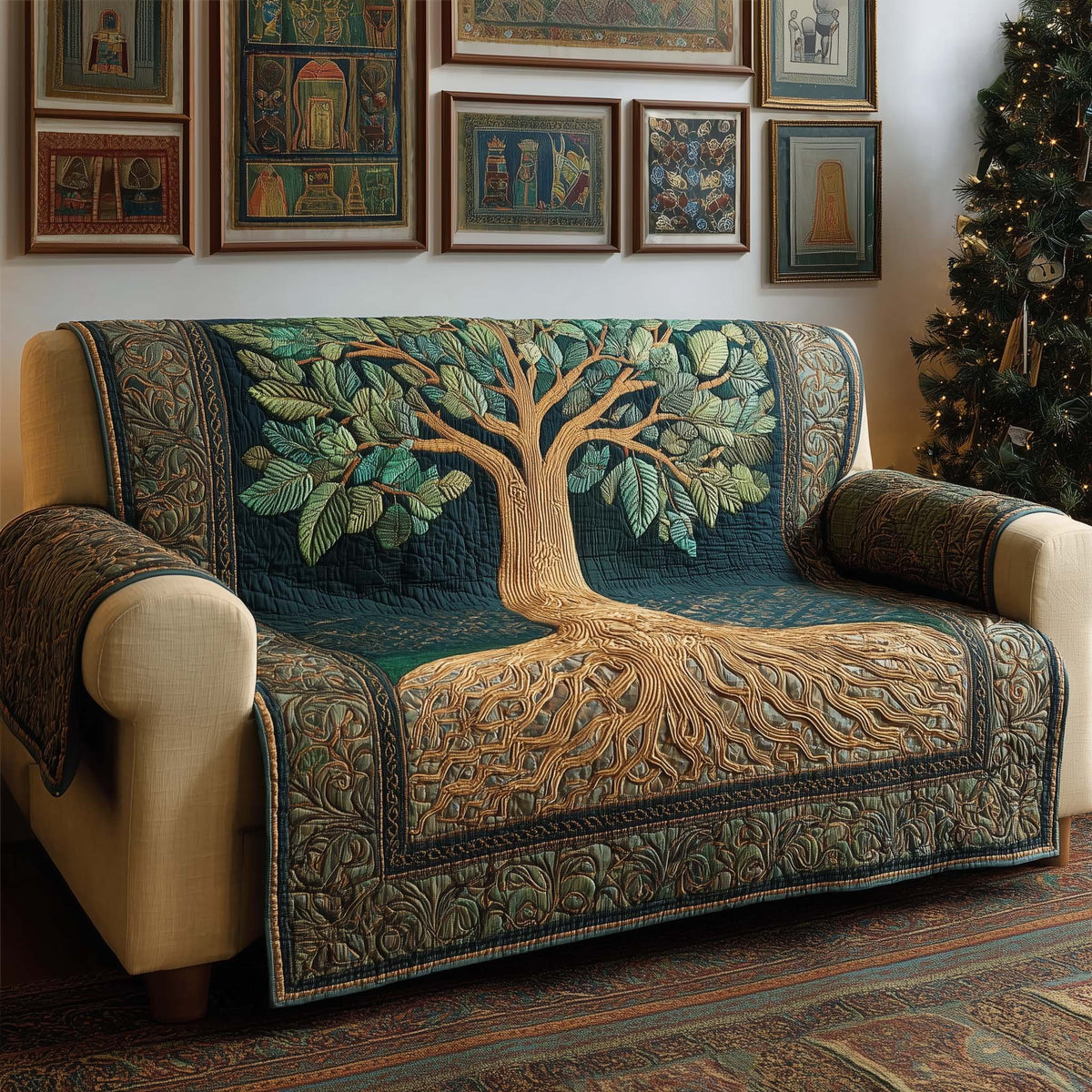 Tree of Life on Teal with Deep Roots Sofa Cover