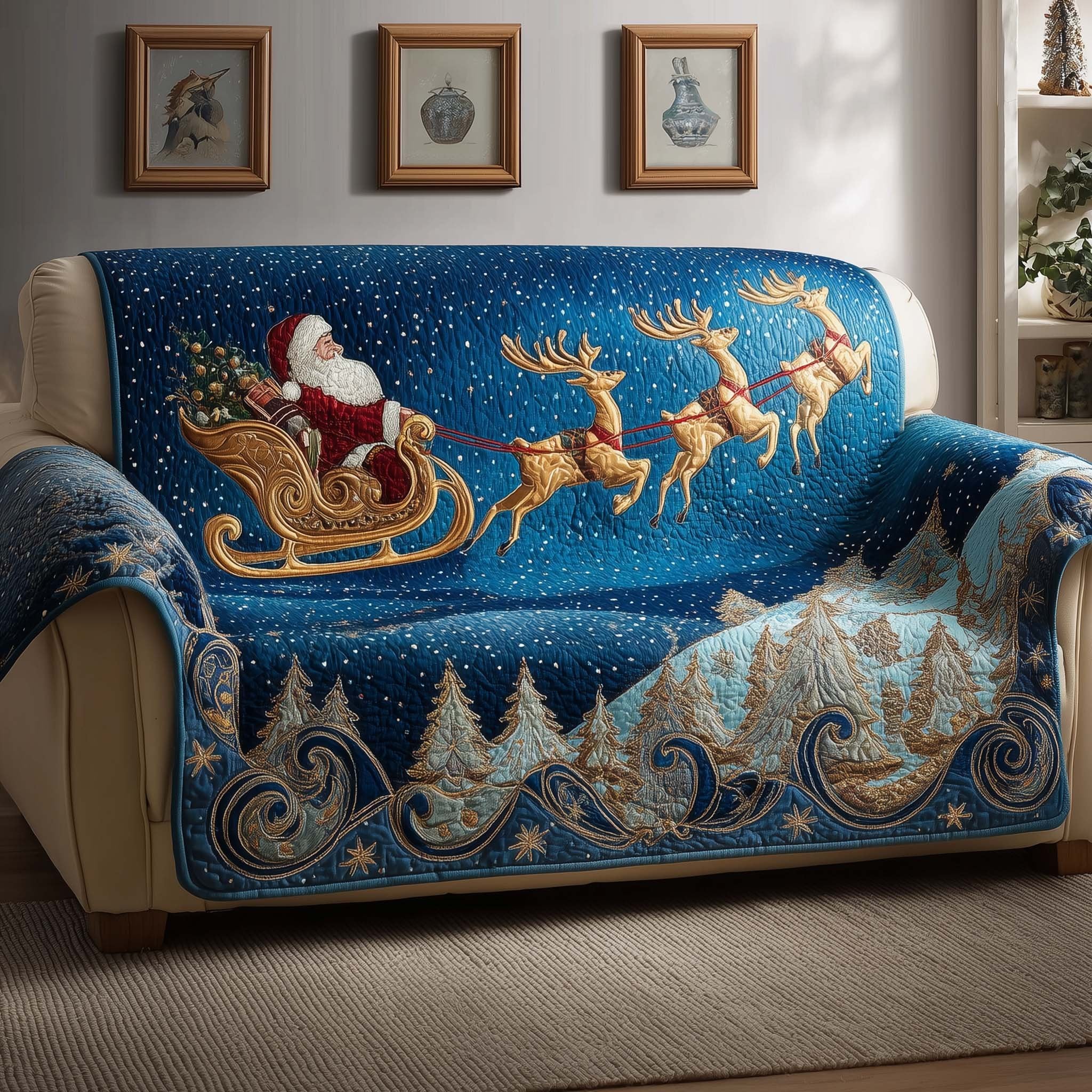 Sleigh and Reindeer Across the Blue Sky Sofa Cover
