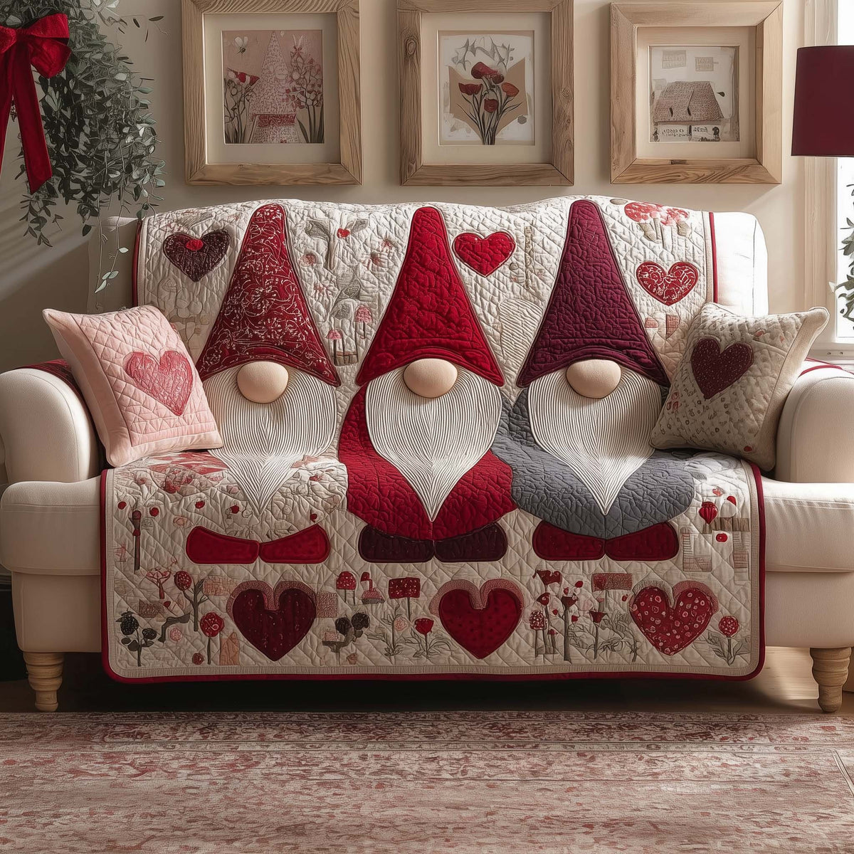 Gnomes with Hearts in Pink and Red Sofa Cover