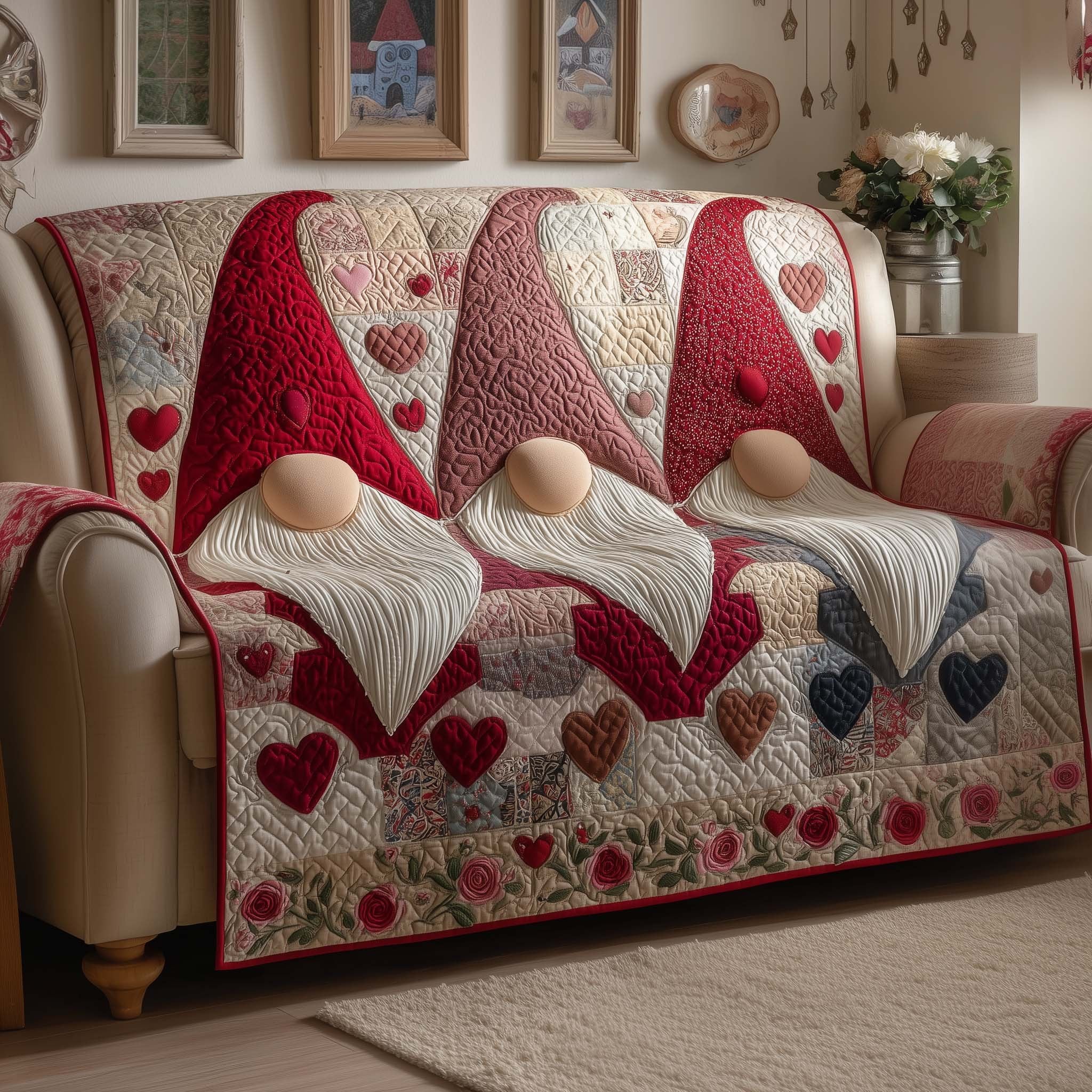 Valentine Gnomes with Red Hearts Sofa Cover