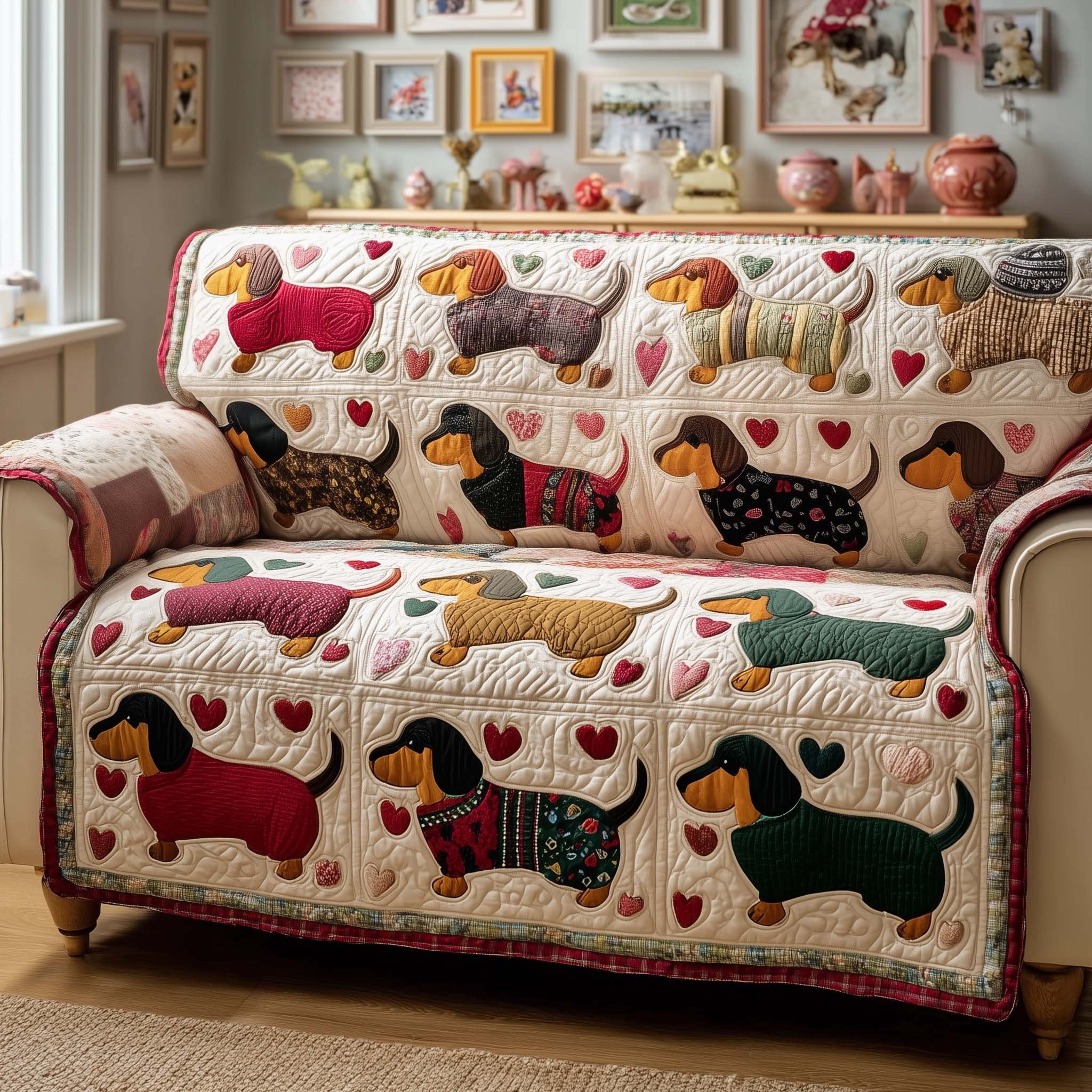 Dachshunds and Hearts on Cream Sofa Cover
