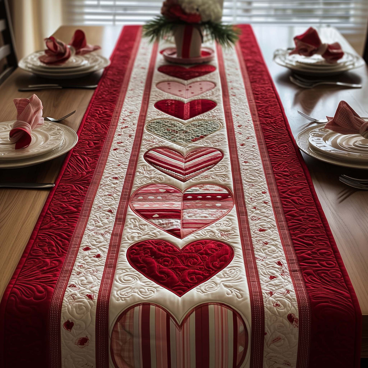 Red Hearts on Striped Panel Table Runner