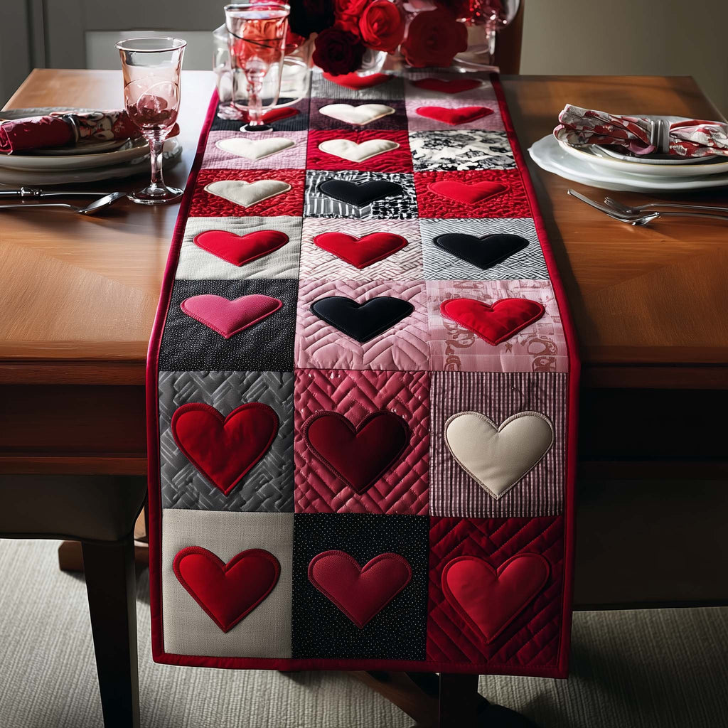 Red and White Hearts in Squares Table Runner