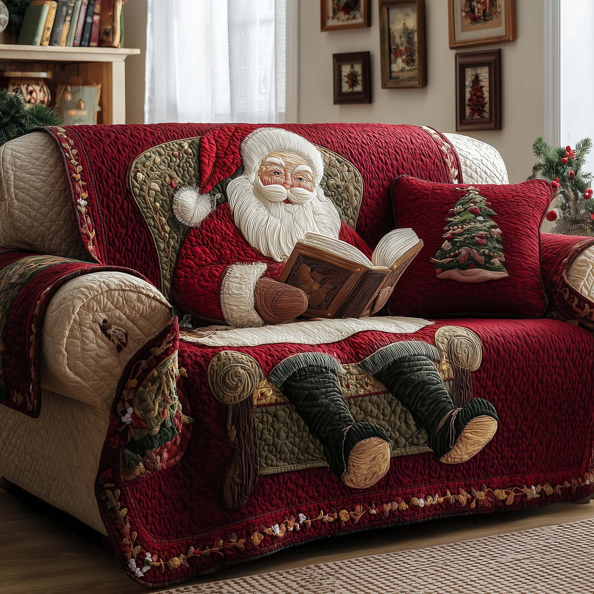 Santa Reading by the Red Quilt Sofa Cover