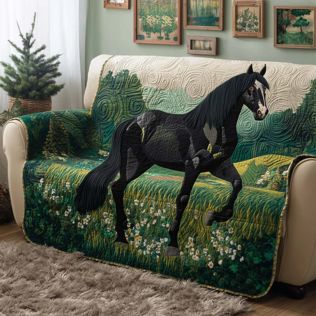 Black Horse in the Flowering Field Sofa Cover