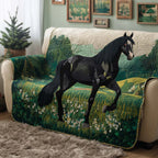Black Horse in the Flowering Field Sofa Cover