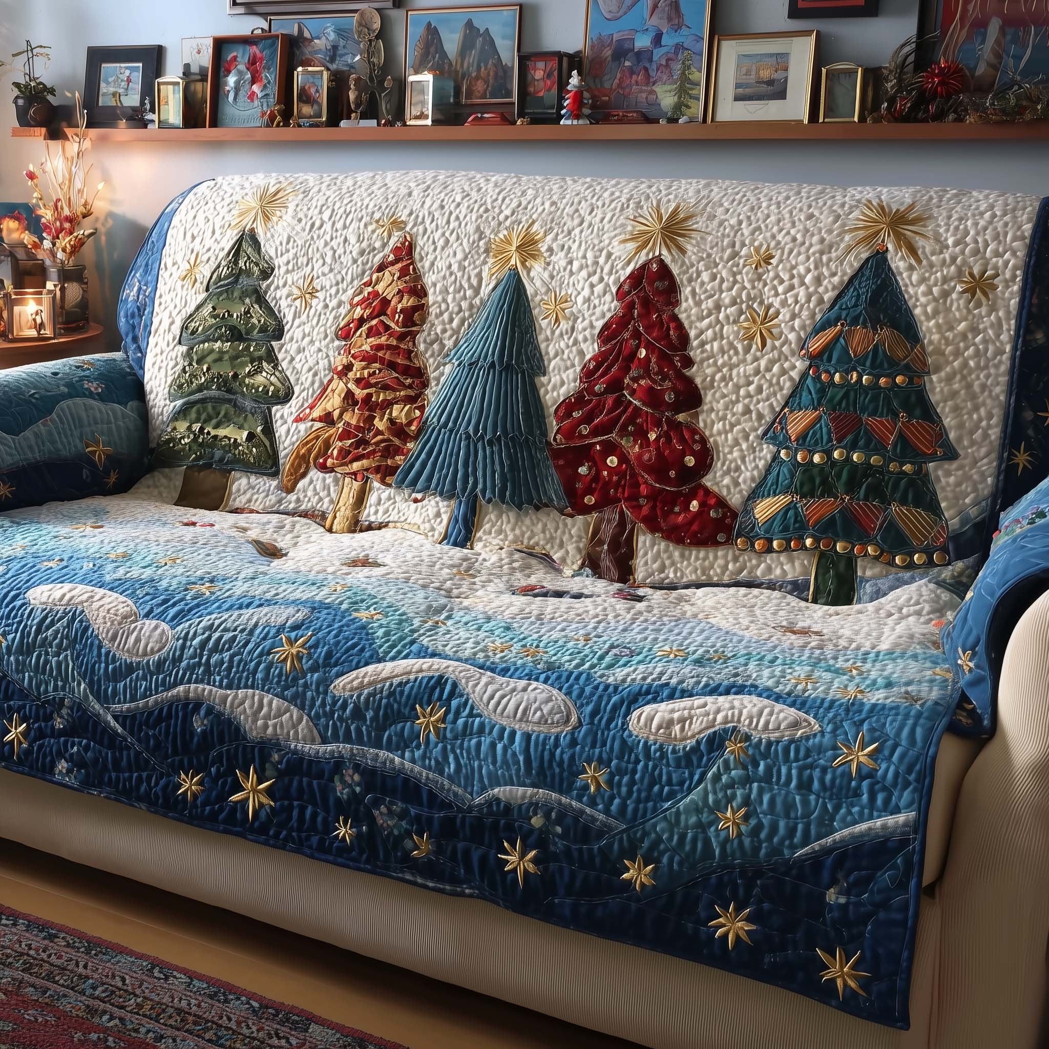 Christmas Trees on the Snowy Blue Band Sofa Cover