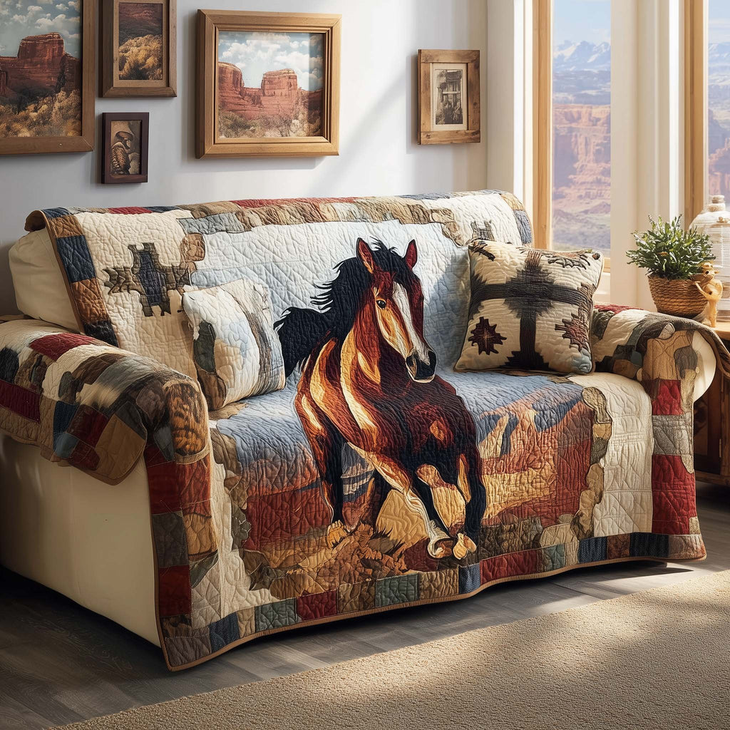 Galloping Chestnut Horse on Patchwork Sofa Cover