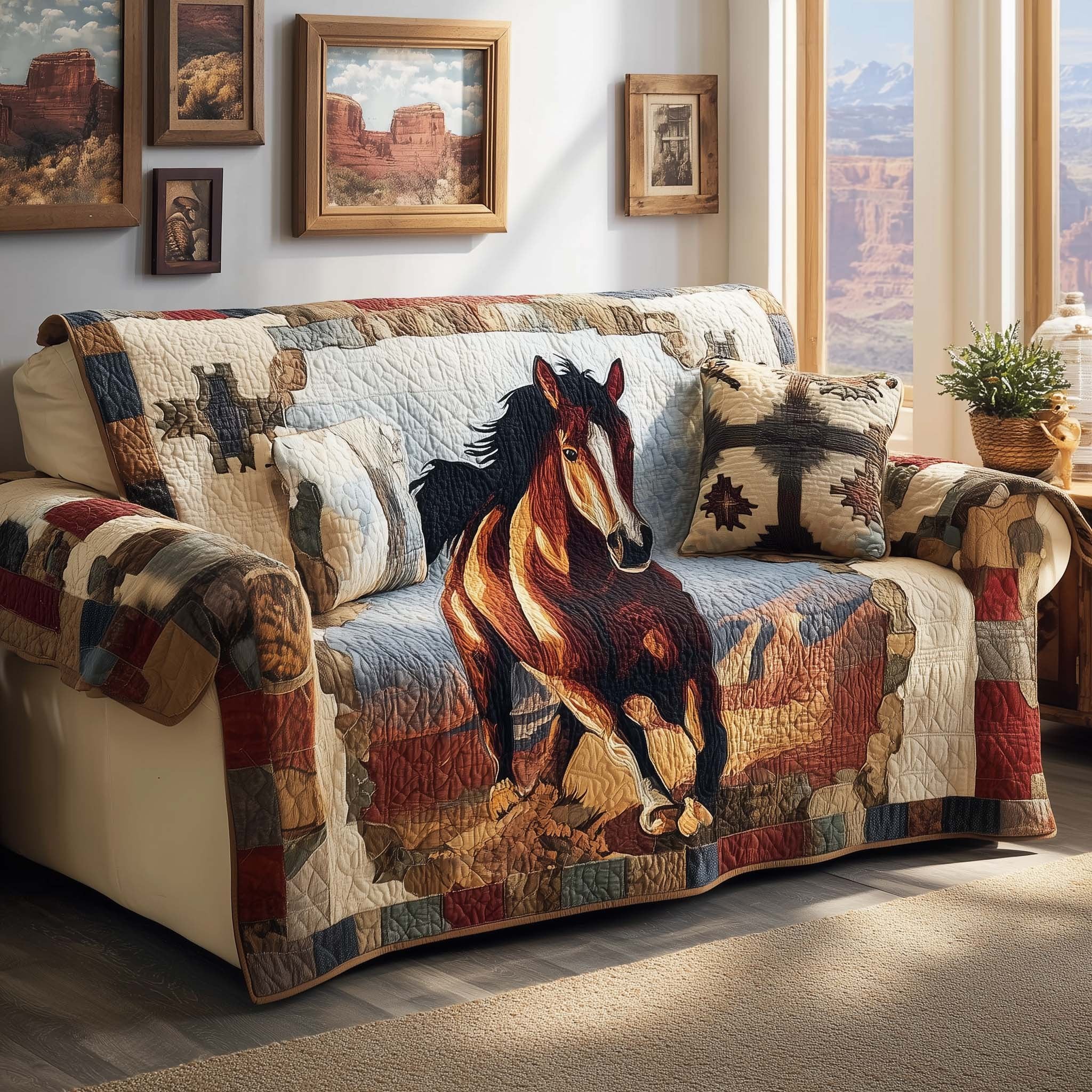 Galloping Chestnut Horse on Patchwork Sofa Cover