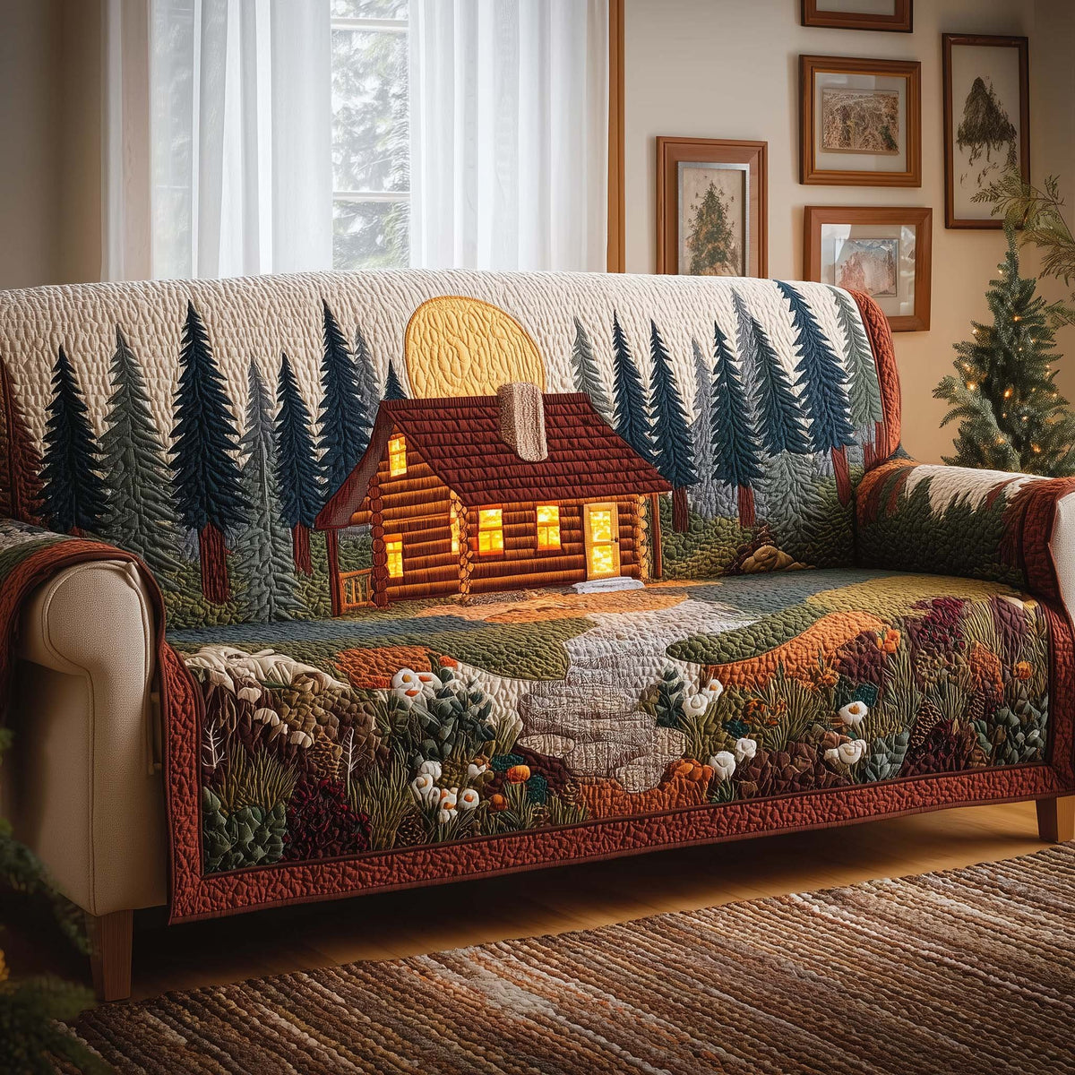 Cabin in the Forest at Sunset Sofa Cover