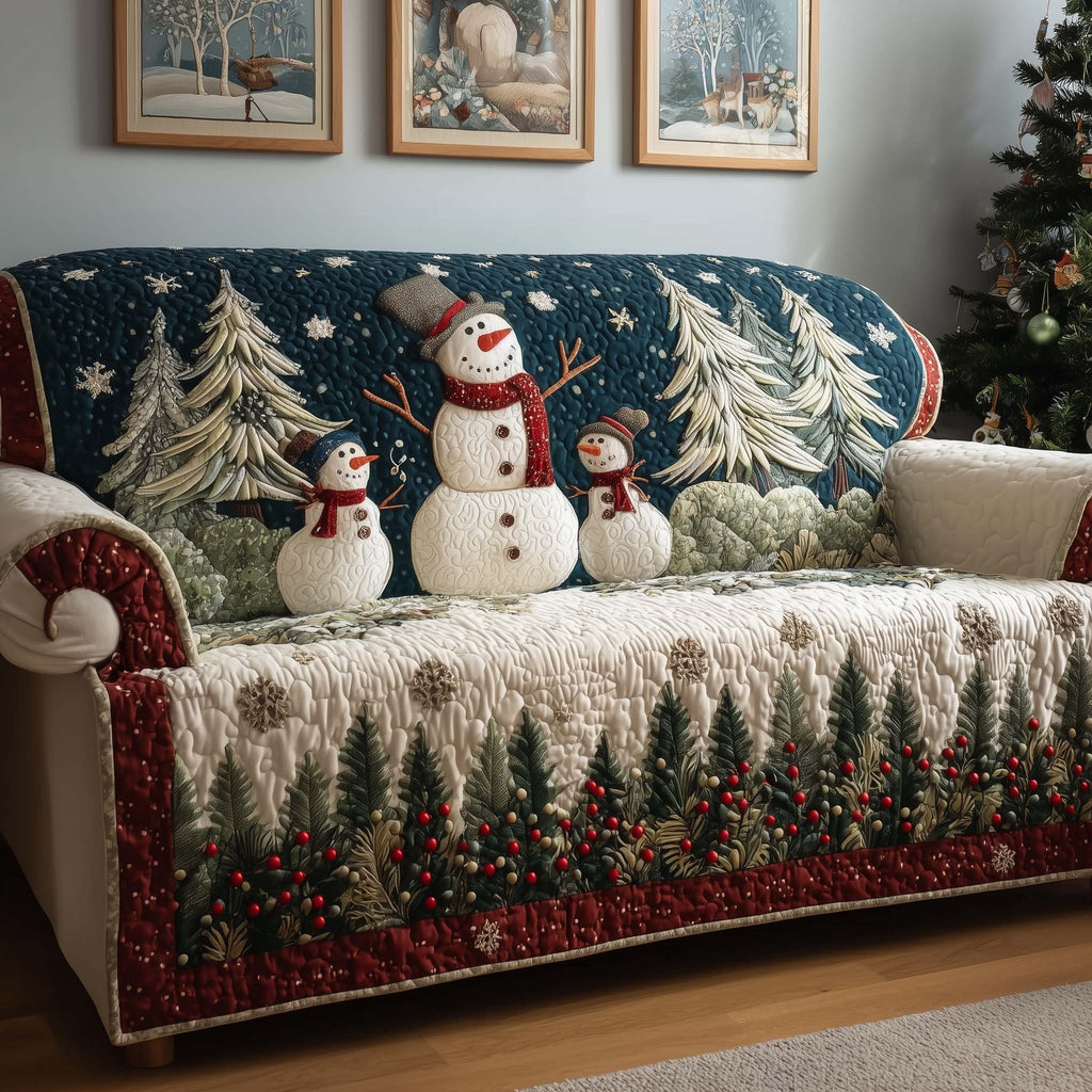 Snowmen Among Pines on a Starry Night Sofa Cover