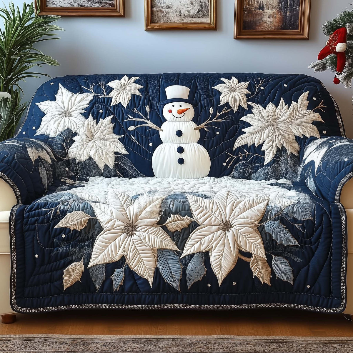 Snowman with Cream Poinsettias on Navy Sofa Cover