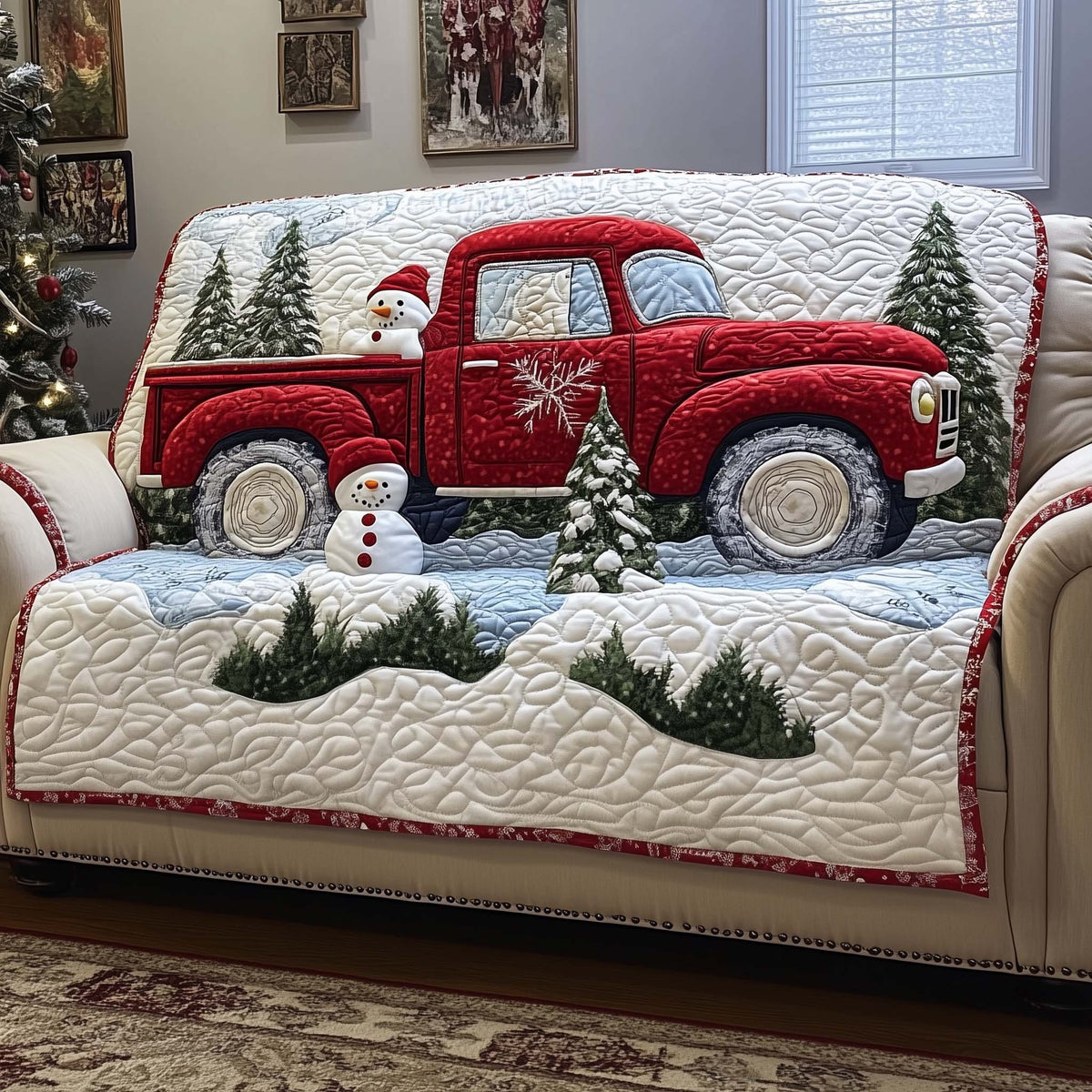 Red Pickup Truck in the Deep Snow Sofa Cover