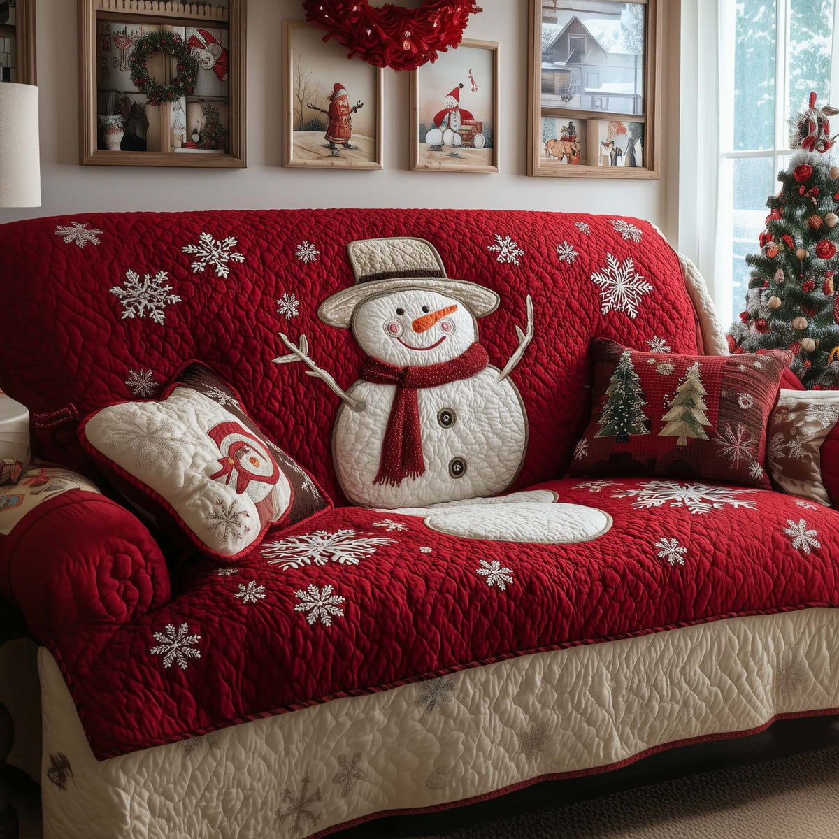 Snowman on Crimson with Falling Flakes Sofa Cover