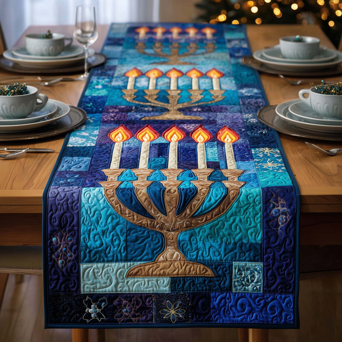Azure Menorah Table Runner