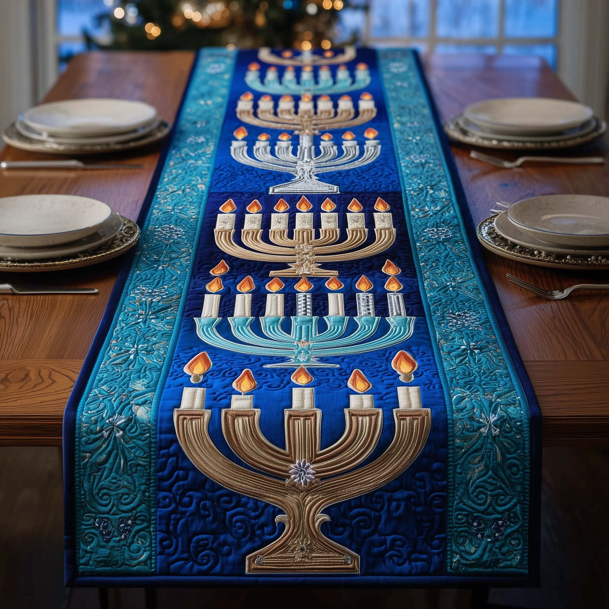 Lit Menorahs on Royal Blue Table Runner