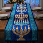 Lit Menorahs on Royal Blue Table Runner