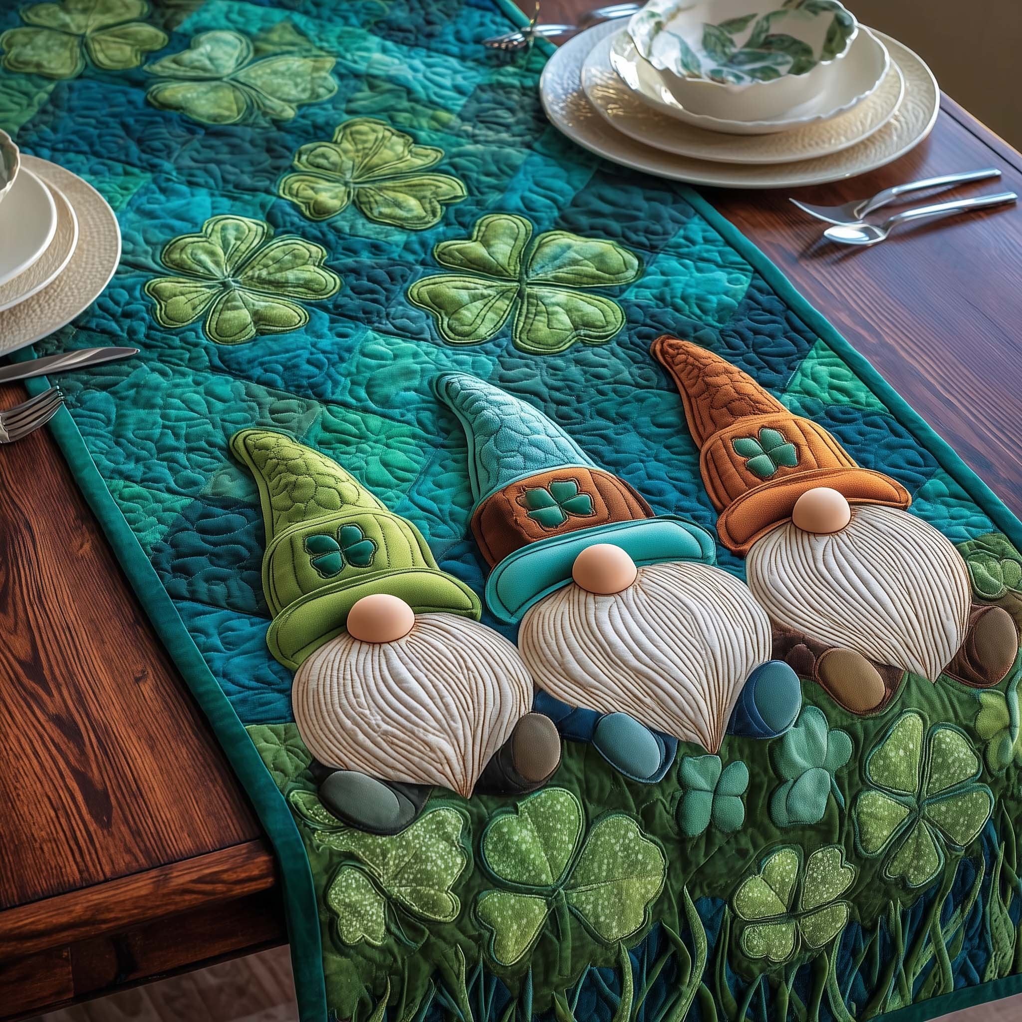 Gnomes with Shamrocks on Teal Table Runner