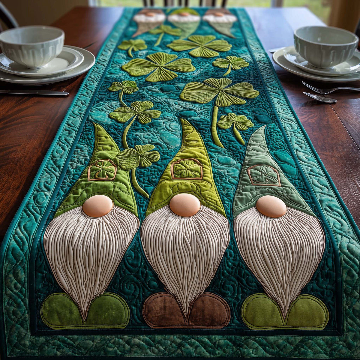 Three Green Gnomes with Clovers Table Runner