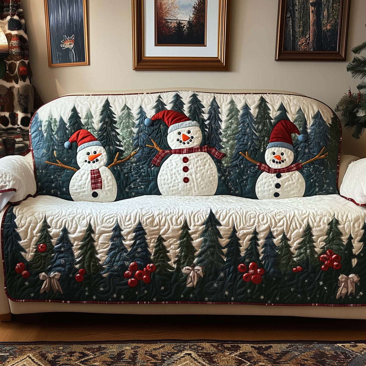 Snowmen in Red Hats Before the Pine Wall Sofa Cover
