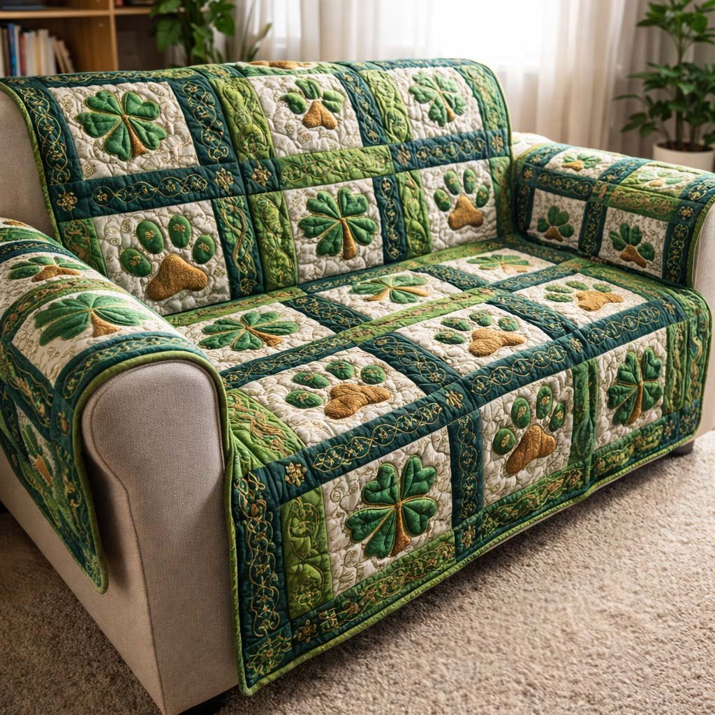 Clovers in Bright Green Squares Sofa Cover