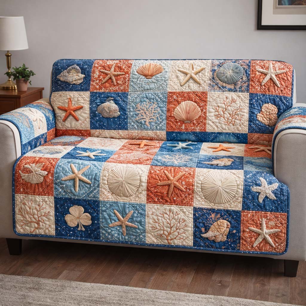 Seashells and Starfish in Blue and Coral Sofa Cover
